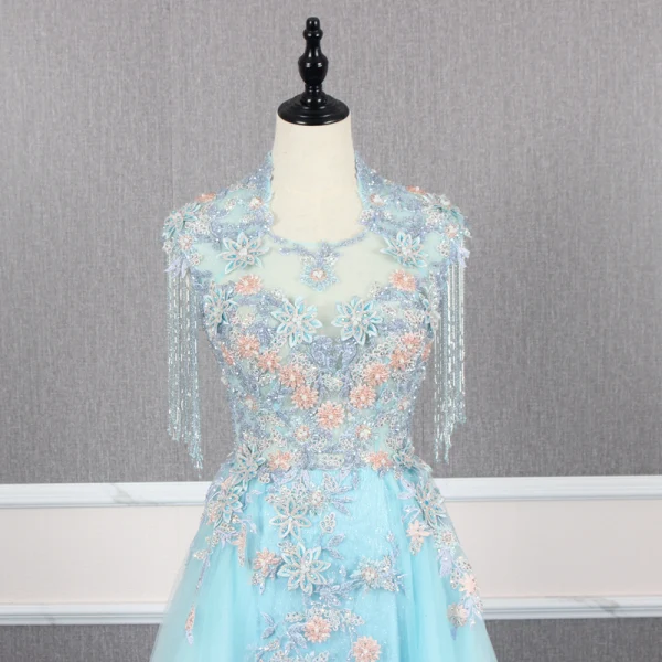 High End Blau Handgefertigt Perlenstickerei Abendkleider 2019 A Linie Eckiger Ausschnitt Kristall Quaste Perle Strass Pailletten Spitze Blumen Applikationen Ärmellos Sweep / Pinsel Zug Festliche Kleider