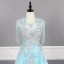 High End Blau Handgefertigt Perlenstickerei Abendkleider 2019 A Linie Eckiger Ausschnitt Kristall Quaste Perle Strass Pailletten Spitze Blumen Applikationen Ärmellos Sweep / Pinsel Zug Festliche Kleider