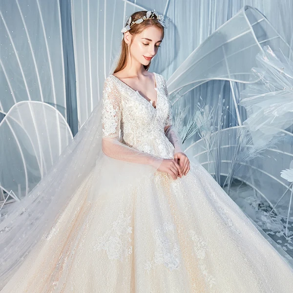 Charming Champagne Wedding Dresses 2019 A-Line / Princess V-Neck Beading Rhinestone Lace Flower Long Sleeve Backless Royal Train