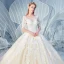 Chic / Belle Champagne Robe De Mariée 2019 Princesse Encolure Dégagée Perlage Gland Perle En Dentelle Fleur Appliques Faux Diamant 1/2 Manches Dos Nu Cathedral Train