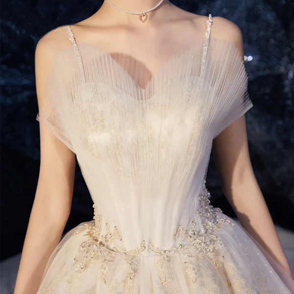 High-end Champagne Wedding Dresses 2019 A-Line / Princess Spaghetti Straps Ruffle Beading Sequins Lace Flower Sleeveless Backless Chapel Train