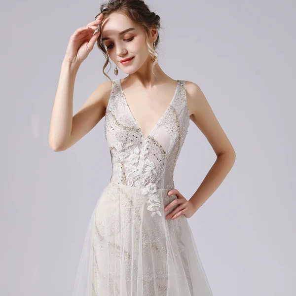 Modern / Fashion Ivory Wedding Dresses 2021 A-Line / Princess Beading Pearl Sequins Lace Flower Deep V-Neck Sleeveless Backless Sweep Train Wedding