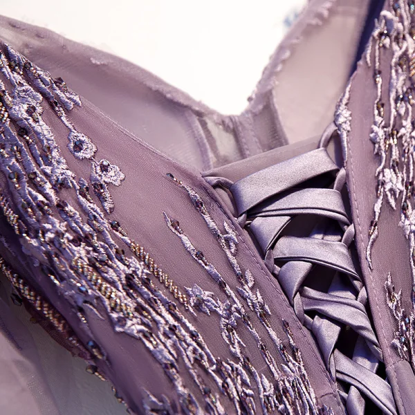 Chic / Beautiful Grape Evening Dresses  2019 A-Line / Princess Spaghetti Straps Beading Crystal Lace Flower Short Sleeve Backless Asymmetrical Formal Dresses
