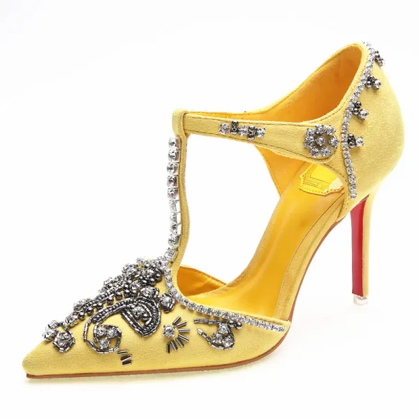 Chic / Beautiful Yellow Evening Party Womens Shoes 2019 Crystal Rhinestone Suede T-Strap 10 cm Stiletto Heels Pointed Toe High Heels