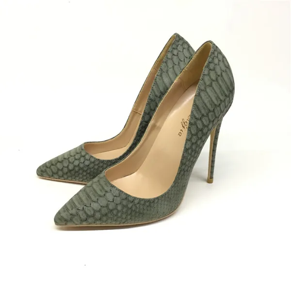 Schöne Armeegrün Abend Pumps 2019 Polyester Schlangenhautmuster 12 cm Stilettos Spitzschuh Pumps
