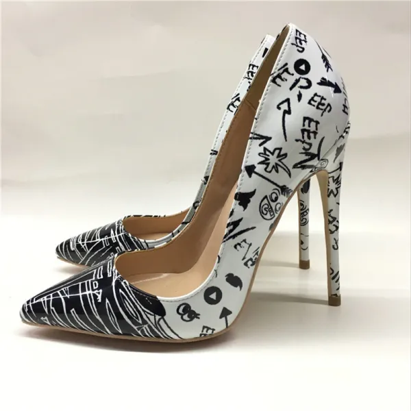Mote Hvit Svart Doodle Aften Pumps 2019 Lær 12 cm Stiletthæler Spisse Pumps