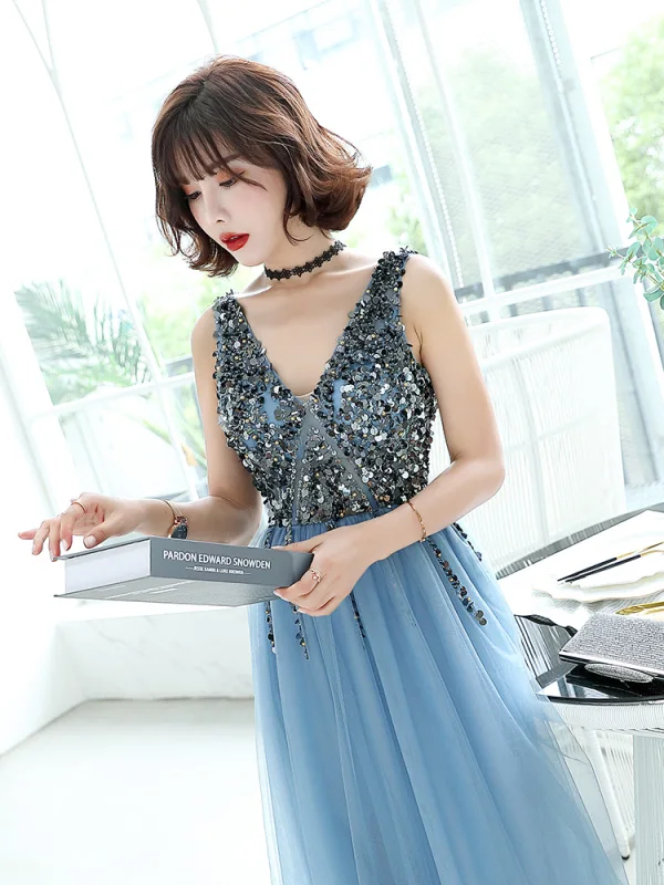 Charming Ocean Blue Evening Dresses 2019 A-Line / Princess V-Neck Beading Crystal Sleeveless Backless Floor-Length / Long Formal Dresses