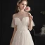 Légère Champagne Robe De Mariée 2019 Princesse Col Haut Perlage Cristal En Dentelle Fleur Manches Courtes Dos Nu Train De Balayage