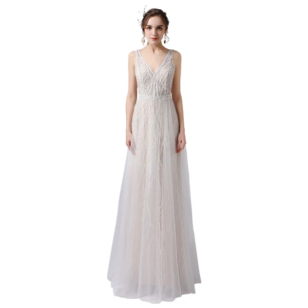 Charmant Ivory / Creme Brautkleider / Hochzeitskleider 2021 A Linie Tiefer V-Ausschnitt Perlenstickerei Pailletten Ärmellos Rückenfreies Lange Hochzeit