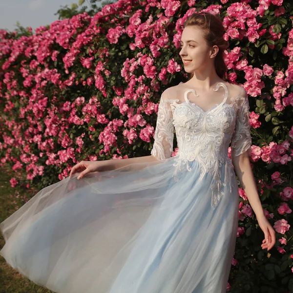 Chic / Beautiful Sky Blue Prom Dresses 2018 A-Line / Princess Appliques Scoop Neck 1/2 Sleeves Floor-Length / Long Formal Dresses