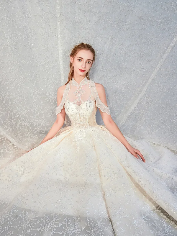 High-end Champagne Wedding Dresses 2019 Ball Gown High Neck Beading Sequins Crystal Lace Flower Sleeveless Backless Royal Train