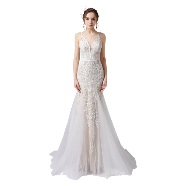 Charmant Champagner Brautkleider / Hochzeitskleider 2021 Meerjungfrau Spaghettiträger Perlenstickerei Spitze Blumen Ärmellos Rückenfreies Sweep / Pinsel Zug Hochzeit