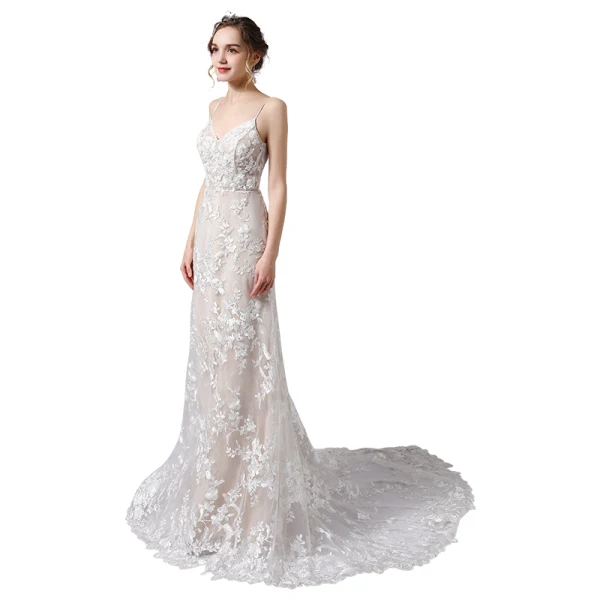 Charming Champagne Wedding Dresses 2021 Trumpet / Mermaid Spaghetti Straps Beading Sequins Lace Flower Sleeveless Backless Court Train Wedding
