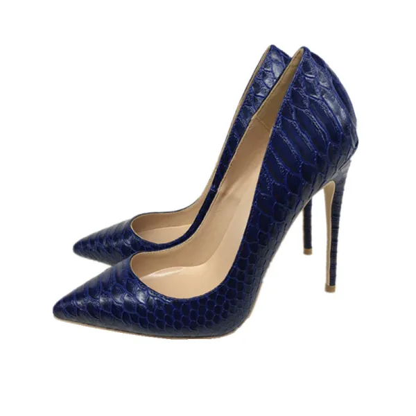 Classy Royal Blue Casual Pumps 2019 Leather Snakeskin Print 12 cm Stiletto Heels Pointed Toe Pumps
