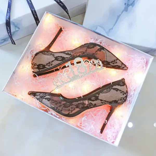 Mooie / Prachtige Zwarte Avond Pumps 2019 Kant 10 cm Naaldhakken / Stiletto Spitse Neus Pumps
