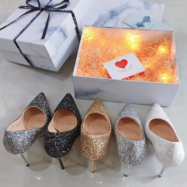 Sparkly Sølv Aften Pumps 2019 Paljetter 9 cm Stiletthæler Spisse Pumps