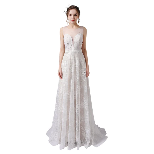 Élégant Ivoire Perle En Dentelle Fleur Robe De Mariée 2021 Princesse Encolure Dégagée Sans Manches Dos Nu Train De Balayage Mariage