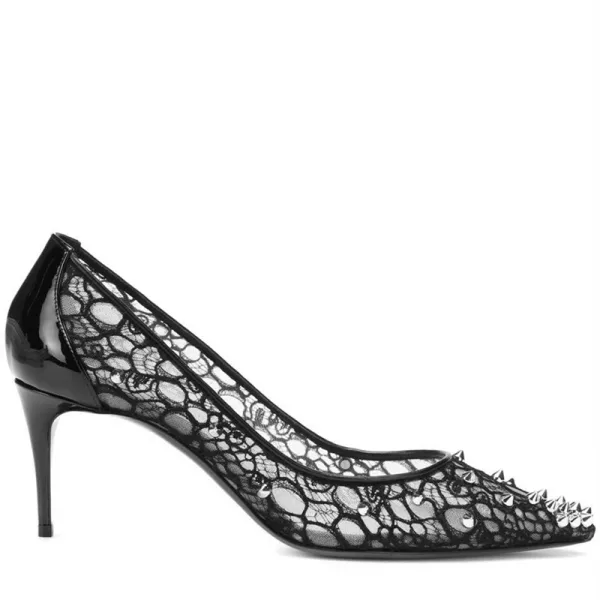 Sexy Noire Soirée Escarpins 2019 En Dentelle Rivet 10 cm / 4 inch Talons Aiguilles À Bout Pointu Escarpins