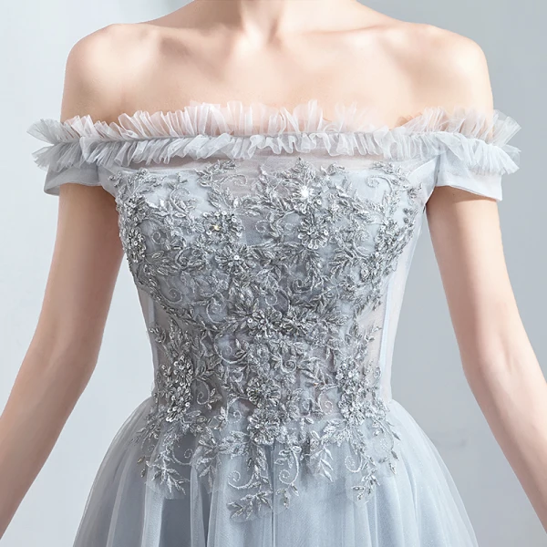 Chic / Beautiful Grey Homecoming Graduation Dresses 2019 A-Line / Princess Ruffle Off-The-Shoulder Beading Lace Flower Sequins Short Sleeve Backless Tea-length Formal Dresses