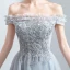 Chic / Beautiful Grey Homecoming Graduation Dresses 2019 A-Line / Princess Ruffle Off-The-Shoulder Beading Lace Flower Sequins Short Sleeve Backless Tea-length Formal Dresses