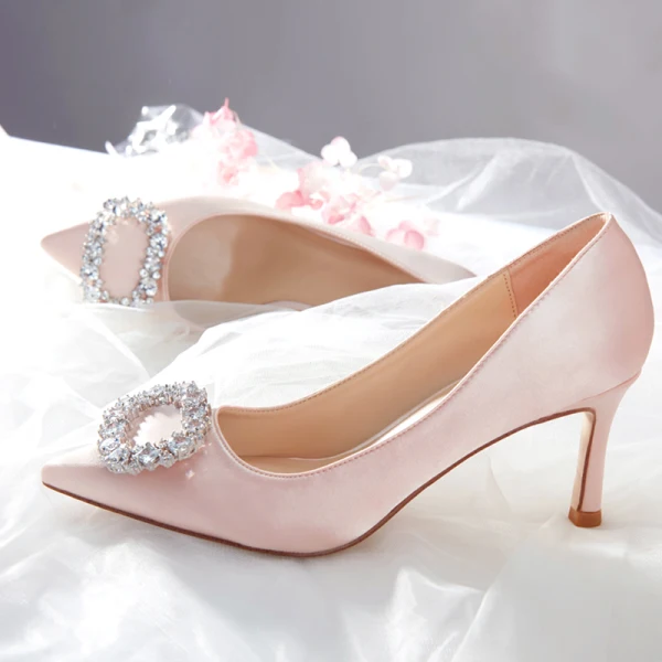 Classy Nude Wedding Shoes 2019 Leather Satin Rhinestone Bow 7 cm Stiletto Heels Pointed Toe Wedding Pumps