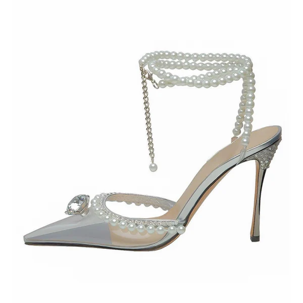 Transparent Sexy Silber Perle Strass Brautschuhe 2021 9 cm Stilettos Spitzschuh Hochzeit Sandaletten Hochhackige