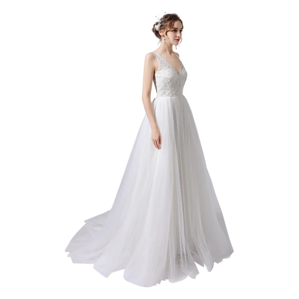 Elegant Ivory Glitter Wedding Dresses 2021 A-Line / Princess Beading V-Neck Sleeveless Backless Sweep Train Wedding