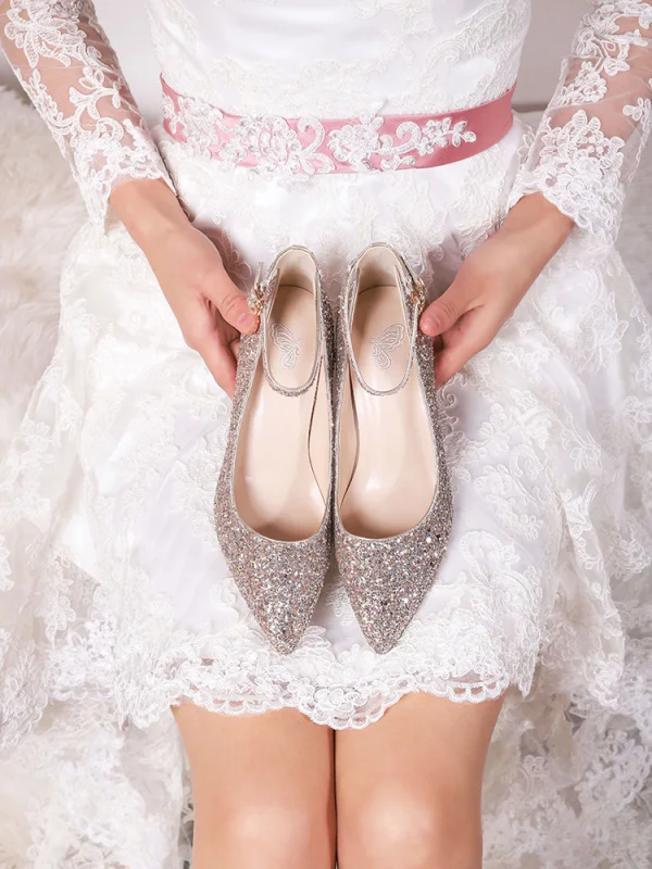 Scintillantes Doré Chaussure De Mariée 2019 Paillettes Bride Cheville 7 cm Talons Aiguilles À Bout Pointu Mariage Escarpins