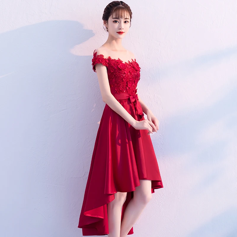 Classy Burgundy Cocktail Dresses 2019 A Line Princess Scoop Neck Lace  Flower Appliques Pearl Sequins Bow Short Sleeve Asymmetrical Formal Dresses