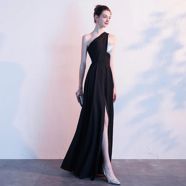 Sexy Schwarz Abendkleider 2019 A Linie One-Shoulder Pailletten Ärmellos Rückenfreies Gespaltete Front Lange Festliche Kleider