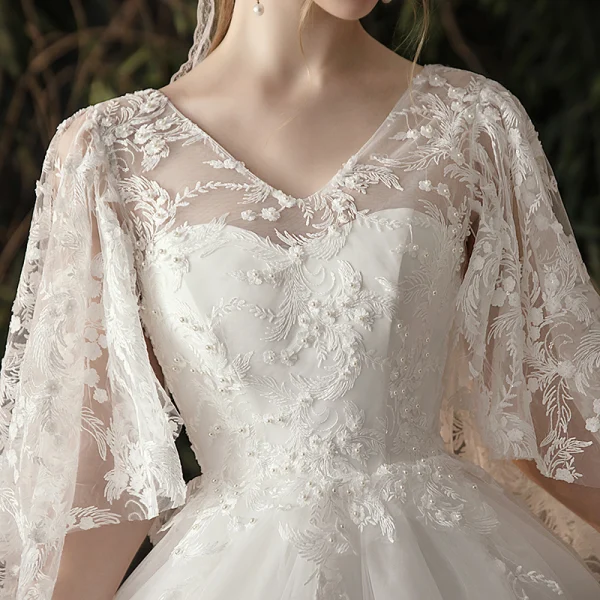 Chic / Beautiful Ivory Pregnant Wedding Dresses 2019 A-Line / Princess V-Neck Pearl Lace Flower 3/4 Sleeve Backless Chapel Train