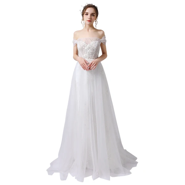 Charmant Ivoire Robe De Mariée 2021 Princesse De l'épaule Paillettes En Dentelle Fleur Sans Manches Dos Nu Train De Balayage Mariage
