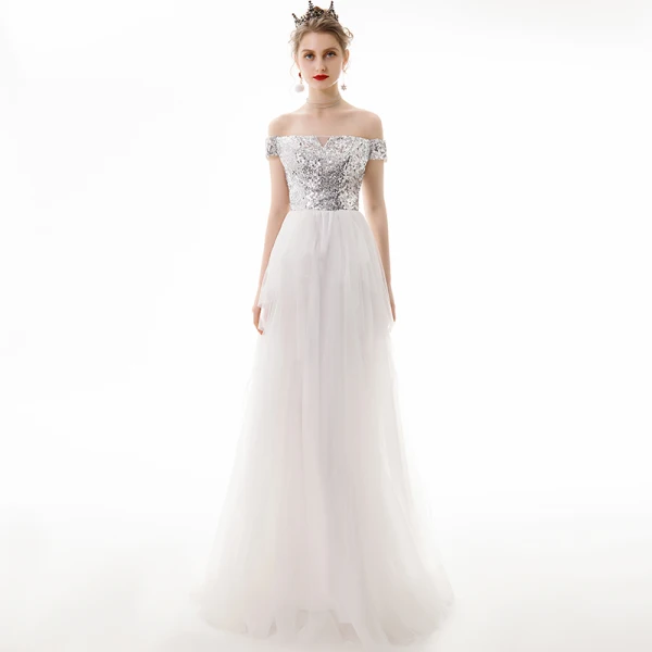 Modern / Fashion Ivory Evening Dresses 2019 A-Line / Princess Off-The-Shoulder Sequins Short Sleeve Backless Floor-Length / Long Formal Dresses