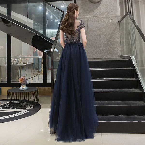 Chic / Beautiful Navy Blue Evening Dresses  2020 A-Line / Princess Scoop Neck Crystal Short Sleeve Backless Floor-Length / Long Formal Dresses