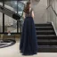 Chic / Beautiful Navy Blue Evening Dresses  2020 A-Line / Princess Scoop Neck Crystal Short Sleeve Backless Floor-Length / Long Formal Dresses