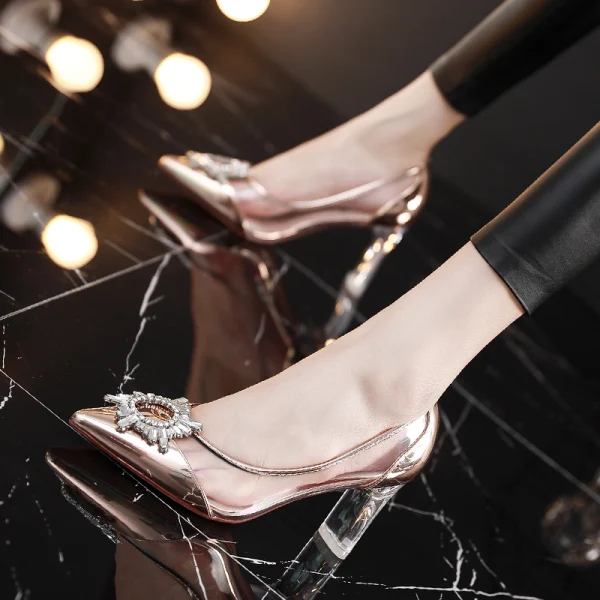 Charming Silver Evening Party Pumps 2019 Patent Leather Crystal Rhinestone 7 cm Stiletto Heels Pointed Toe Pumps