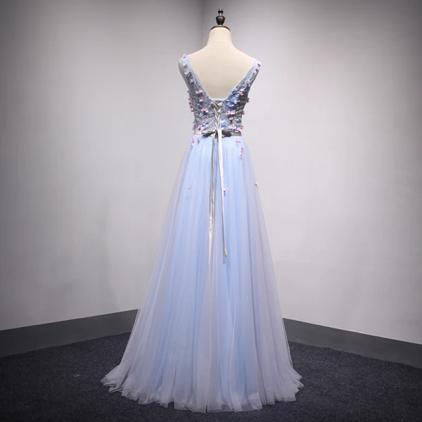 Chic / Belle Bleu Ciel Robe De Bal 2018 Princesse En Dentelle Fleur Appliques Cristal V-Cou Dos Nu Sans Manches Longue Robe De Ceremonie