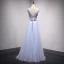 Chic / Belle Bleu Ciel Robe De Bal 2018 Princesse En Dentelle Fleur Appliques Cristal V-Cou Dos Nu Sans Manches Longue Robe De Ceremonie