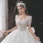 Edles Weiß Brautkleider / Hochzeitskleider 2021 Ballkleid Eckiger Ausschnitt Perlenstickerei Perle Pailletten Applikationen Kurze Ärmel Rückenfreies Schleife Königliche Schleppe Hochzeit