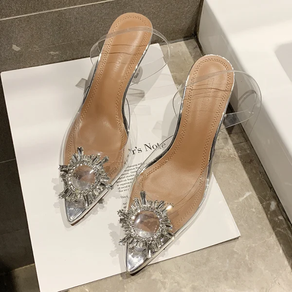 Affordable Silver Casual Womens Sandals 2019 Crystal Rhinestone 8 cm Stiletto Heels Pointed Toe Sandals