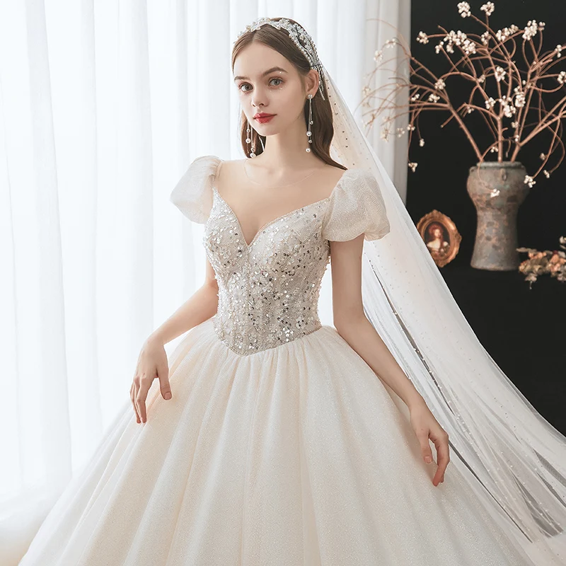 Charming Fashion Champagne Beading Sequins Wedding Dresses 2021 Ball Gown Scoop Neck