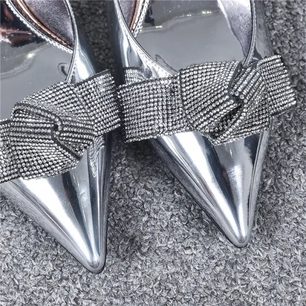 Modern / Fashion Silver Evening Party Womens Shoes Leather 2019 Ankle Strap Rhinestone Bow 6 cm Stiletto Heels Pointed Toe High Heels