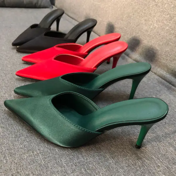 Modest / Simple Dark Green Casual Womens Sandals 2019 Leather 7 cm Stiletto Heels Pointed Toe Sandals