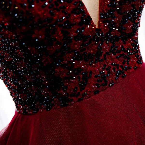 Chic / Beautiful Burgundy Evening Dresses  2019 A-Line / Princess Off-The-Shoulder Beading Crystal Sleeveless Backless Court Train Formal Dresses