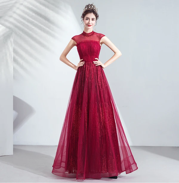 Vintage / Retro Burgundy Evening Dresses 2020 A-Line / Princess Ruffle High Neck Beading Crystal Sequins Sleeveless Backless Floor-Length / Long Formal Dresses