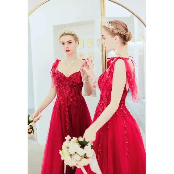 Chic / Belle Rouge Robe De Soirée 2020 Princesse Bretelles Spaghetti Perlage En Dentelle Fleur Sans Manches Dos Nu Train De Balayage Robe De Ceremonie