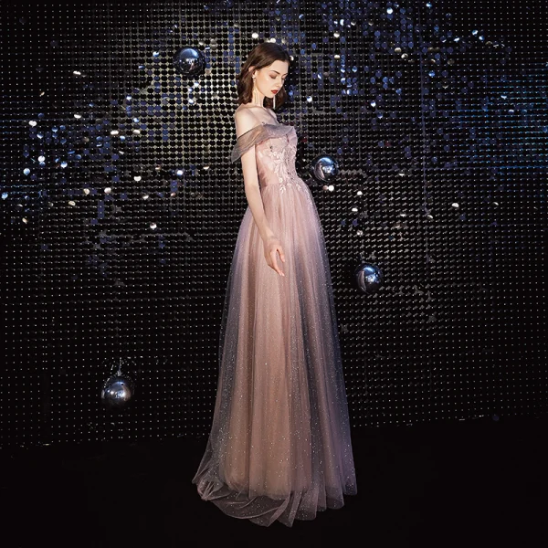 Élégant Rougissant Rose Robe De Soirée 2020 Princesse De l'épaule Perlage Paillettes En Dentelle Fleur Manches Courtes Dos Nu Longue Robe De Ceremonie