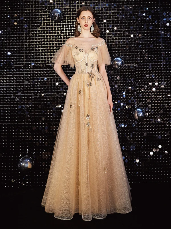 Charmant Doré Robe De Bal 2020 Princesse Encolure Dégagée En Dentelle Paillettes Étoile Faux Diamant Manches Courtes Dos Nu Longue Robe De Ceremonie