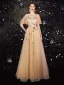 Charmant Doré Robe De Bal 2020 Princesse Encolure Dégagée En Dentelle Paillettes Étoile Faux Diamant Manches Courtes Dos Nu Longue Robe De Ceremonie