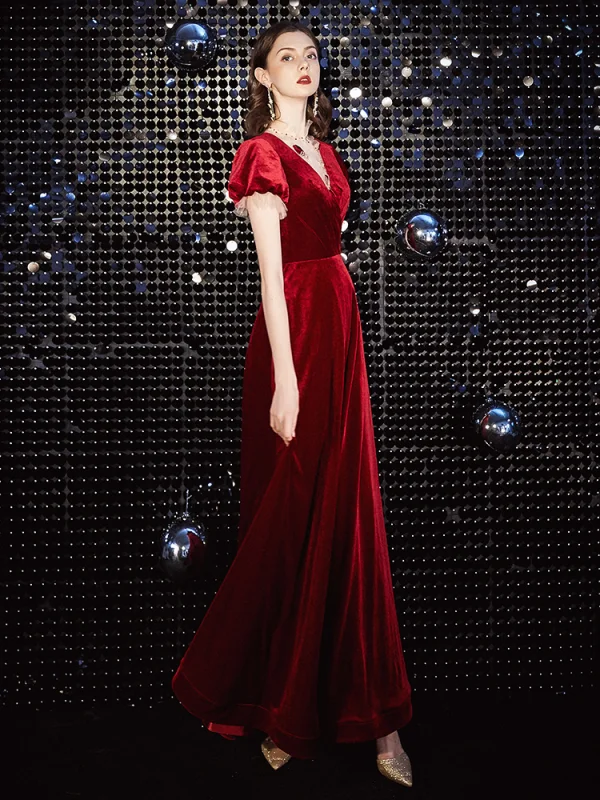 Elegant Red Evening Dresses 2020 A-Line / Princess Suede High Neck Short Sleeve Floor-Length / Long Formal Dresses